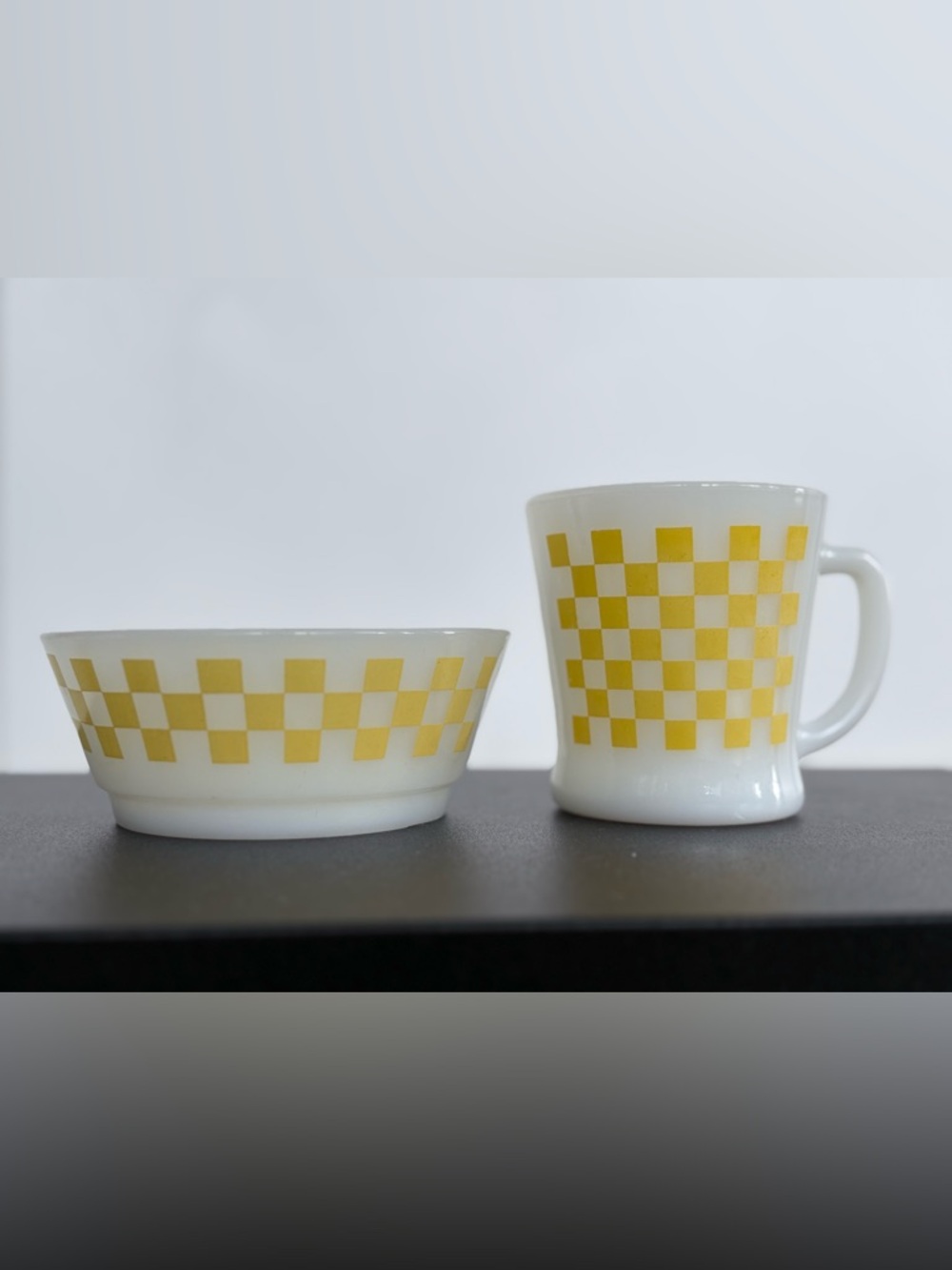 Fire-King Yellow Checkered Mug and Bowl
